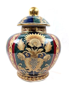 Oriental Accents Lidded Urn Lochinvar Pattern Green Blue Red Gold Vintage - Picture 1 of 14