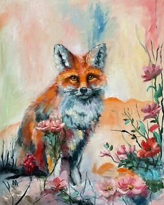 Original fantasy red fox oil painting on canvas board.Unframed.20'' x 16'' - Picture 1 of 9