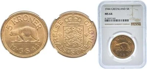 Denmark 1944 5 Kroner Brass 70 Copper 30 Zinc NGC MS 64 - Picture 1 of 1