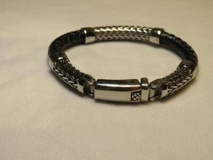 Precious Metals Men's Stainless Steel Black Leather Bracelet - New - Picture 1 of 1