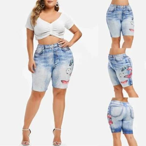 BIG SALE ⭐ Plus Size Women Denim Look Shorts Pants Ladies Stretchy Jeans Legging - Picture 1 of 11