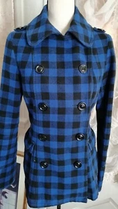 WomenPeacoat Blazer Double Breast Wool Blend Preppy Blue Black Check - Picture 1 of 3