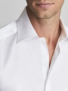 REISS Frontier Cotton Satin Stretch Slim Fit Shirt Top in White - Picture 1 of 8