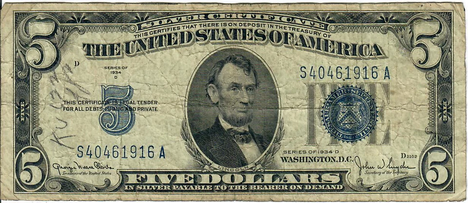1934D 5$ Silver Certificate - Blue Seal - GNC/JWSy S40461916A - #13586 - Image 1 of 2
