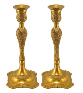 Candle Holder Antique Gold Brass Embossed Square Base 5"Wide 12"High Set of 2 - Picture 1 of 1