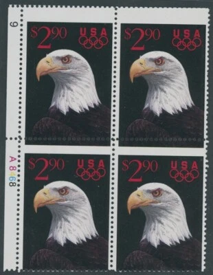 1991, EE. UU. ÁGUILA CALVA $2,90, bloque de placas con perforación Horizon extraviada NH SC#2540 Foto 1 de 2
