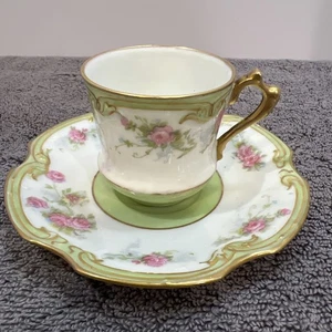 Limoges Raphael Weill Co. Demitasse Cup & Saucer White Green Floral Vintage - Picture 1 of 17