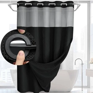 No Hook Slub Textured Shower Curtain with Snap in Liner - Black Fabric Outer Cur - Picture 1 of 8