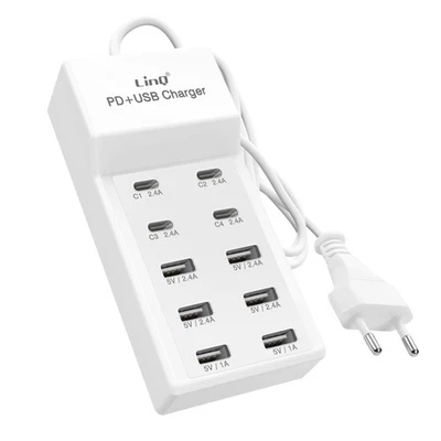 LinQ Station de Charge Multiport 4 USB-C + 6 USB 50W Câble 1m Compact Blanc - Immagine 1 di 4