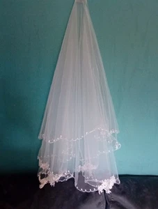 white veil 2 tier fingertip length with comb lace/embroidered edge V212 - Picture 1 of 4