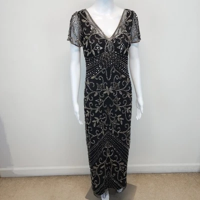 Maxi Vestido Pisarro Noches Cuentas Talla 2 Negro Malla Art Deco Aleta Niña Formal Foto 1 de 4
