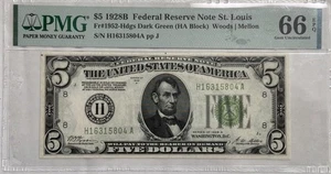 1928-B $5 FEDERAL RESERVE NOTE, H-ST. LOUIS, FR #1952H PMG GEM UNC 66 EPQ NICE! - Picture 1 of 4