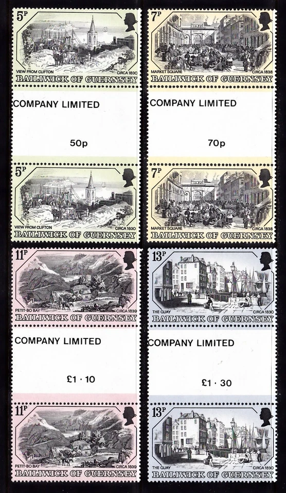 GUERNSEY #157-160 MNH 19th CENTURY PRINTS; CLIFON, MARKRT SQUARE, PETIT-BO BAY - Image 1 of 1