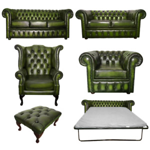 Genuine Leather Antique Green Chesterfield Sofa Settee 3 Seater Armchair Stool