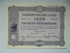 Aktie Norddeutsche LLoyd AG über 1000 Reichsmark  1936 - Bild 1 von 1