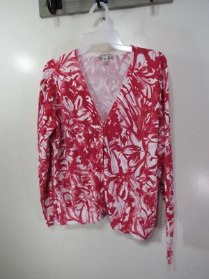St Johns Bay Sweater Size XL Petite Red White Floral Button Front Long Sleeve - Image 1 of 3
