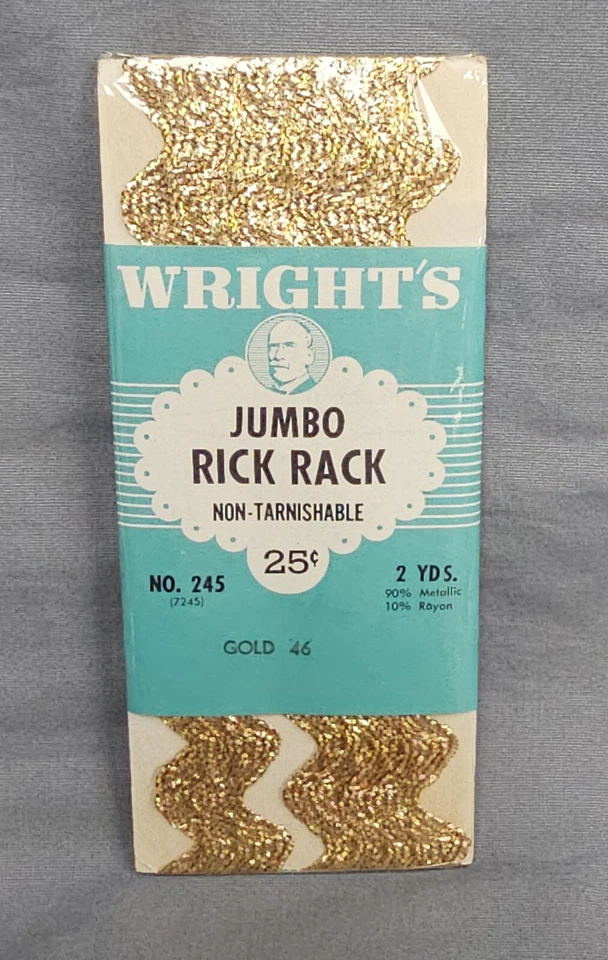 VTG Wright's Metallic Gold JUMBO Rick Rack Sewing Trim 2 Yds NOS Sealed Package - Image 1 of 4