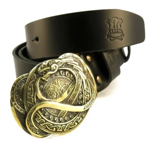 Leather belt with brass buckle Jormungandr,  Dragon buckle, Midgard Snake - Picture 1 of 20