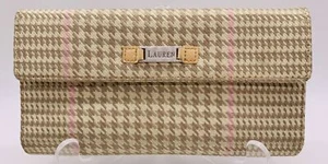 Lauren Ralph Lauren Womens Wallet Wool Houndstooth Beige Trifold Leather Inside - Picture 1 of 10
