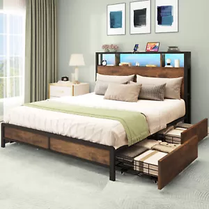Queen Bed Frame w/ 4 Storage Drawers & Headboard & LED Lights & Charging Station - Picture 1 of 14