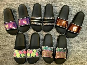 Victoria's Secret Pink Bling Slides Sandals Ombre Floral Palm Rose Gold Rare NIP - Picture 1 of 40
