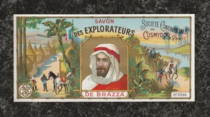 Vintage French Soap Label Savon des Explorateurs de Brazza Cosmydor Paris 7x3.5 - Imagen 1 de 2