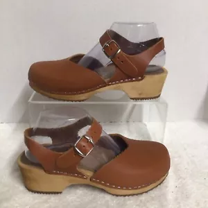 Mia Sofia Braun Leder Clog Schuhe Chunky Holz Heels Knöchelriemen EU 40 Schweden - Bild 1 von 9