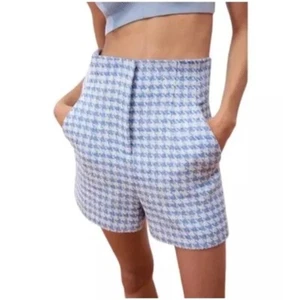 Zara High Waist Houndstooth Blue & White Tweed Shorts Size XS Classic Pockets - Picture 1 of 13