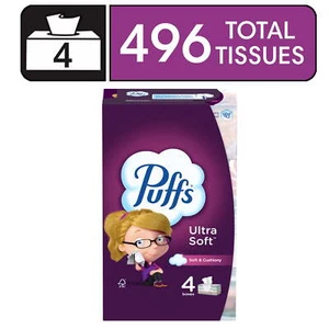 Puffs Ultra Soft Facial Tissues, 4 Family Size Boxes, 124 Tissues per Box, White - Picture 1 of 11