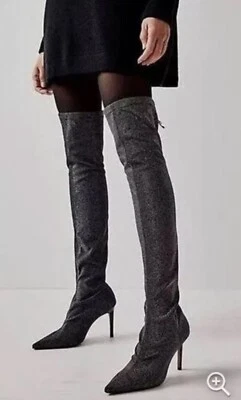 Bota Free People Vicenza Tono Plateado Tejido Brillante Sobre la Rodilla Tacón Alto NUEVA 39/8 Foto 1 de 4