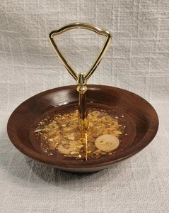MCM Wood Candy Trinket Dish With Gold Tone Handle Buttons Gold Flakes In Bottom - Picture 1 of 7