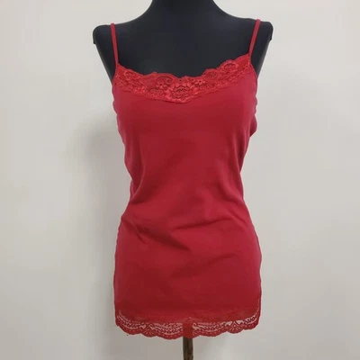 Express Womens Y2K Lace Trim Cami Size M Red Preppy Bias Stretch Layers 90S - Image 1 of 4