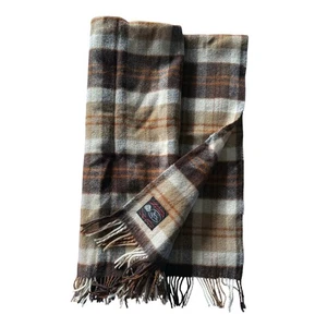 Vintage Wool Blanket Brown Plaid Made In Scotland Edinburgh Woollen Mill Fringe - Picture 1 of 6