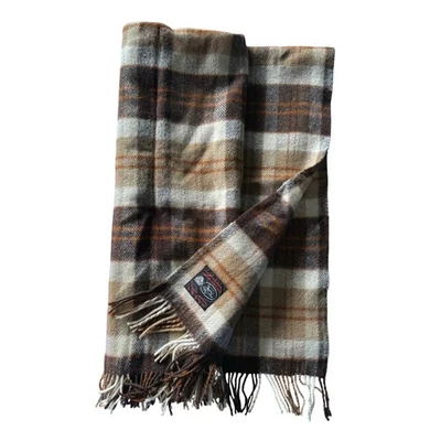 Vintage Wool Blanket Brown Plaid Made In Scotland Edinburgh Woollen Mill Fringe - Image 1 of 4