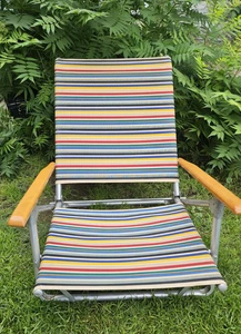 Vintage Telescope Aluminum Folding Fabric Beach Low Profile Lawn Chair Wood Arms - Picture 1 of 12