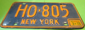 1973 US NEW YORK STATE License Plate TAG ORANGE ON BLUE HO-805 MORE PLATES HERE - Picture 1 of 2