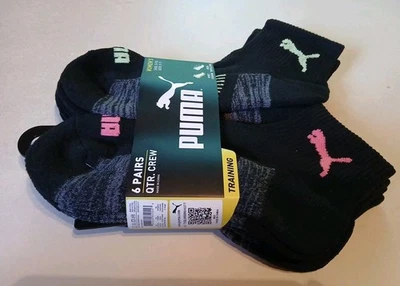 Puma Women's 6-Pairs Pack Socks QTR. CREW Training Black Sz 9-11 Shoe 5-9.5  - Image 1 of 4