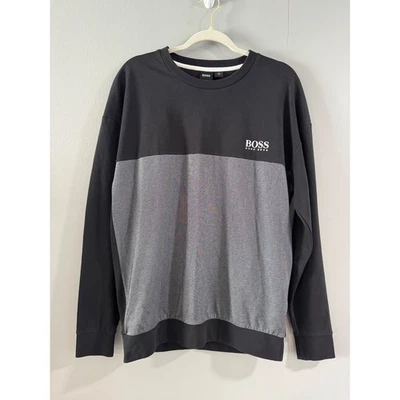 HUGO BOSS Mens Sweatshirt Black Gray Colorblock Logo Long Sleeve Pullover - Image 1 of 4