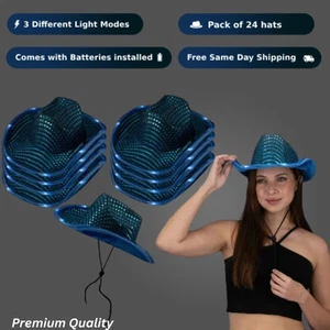 24 LED Light-Up Sequin Cowboy Hat Teal, 3 Modes Unisex Gift Weddings Party Fun! - Picture 1 of 4