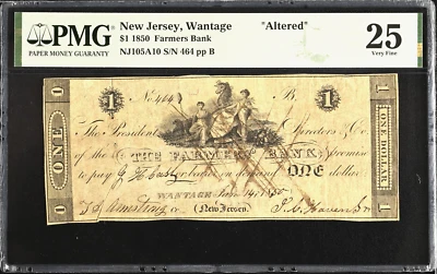 NJ $1 WANTAGE Deckertown New Jersey Farmers Bank Jan 14 1850 PMG VF25 NJ-105 A10 - Image 1 of 4