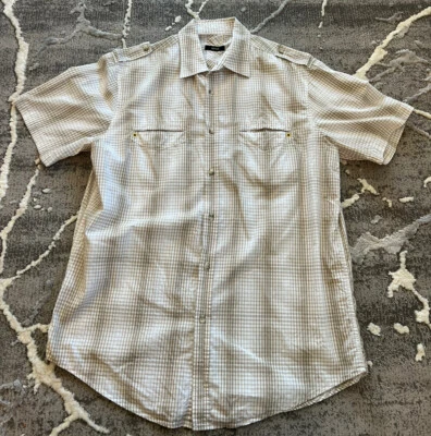 Camisa de manga corta Alfani para hombre talla M blanca con rayas tostadas abotonadas  Foto 1 de 4