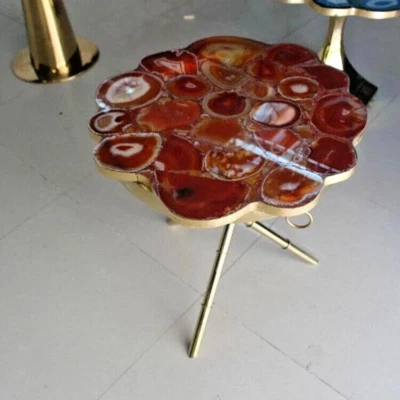 Red Agate Console Table, Live Edge Corner Agate Table, Handmade Stone Top Decor - Image 1 of 4