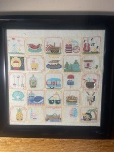 Vintage needlepoint cross stitch summer theme in black frame, 14.5" square - Picture 1 of 8