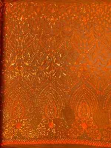 Geometric Design Fabric - Orange 4 Way Stretch Embroidered Sequins By Yard - Picture 1 of 4