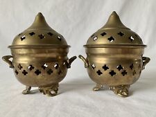 Brass Incense Holder Lid Footed Handles INDIA Pair Of 2 Boho Matching Dishes