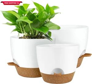 Self Watering Planters with Drainage Holes, Set of 3 Plastic Plant Pots with Dee - Picture 1 of 8