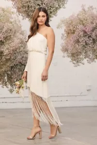 Lulus Love at Dusk Cream One-Shoulder Asymmetrical Fringe Midi Dress Size M. New - Picture 1 of 3