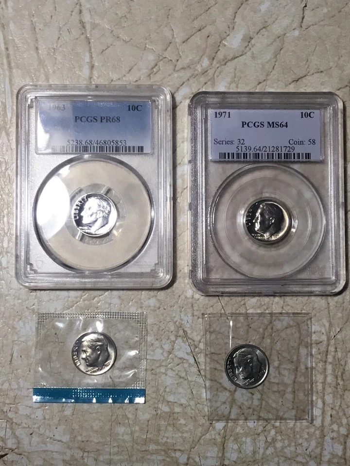 PCGS PR68 FDR 1963 10 CENT  *2 SILVER COIN 1971  10C PCGS MS64  & 1/4 Pound  Lot - Image 1 of 4