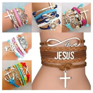 Jesus Cross Faith Love Music Silver Charms Multi Layer Bracelet Free Gift Bag - Picture 1 of 21