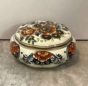 Vintage Trinket Dish & Lid Flora Keramiek Delft Polychroom Pottery Dutch Art 6" - Picture 1 of 13